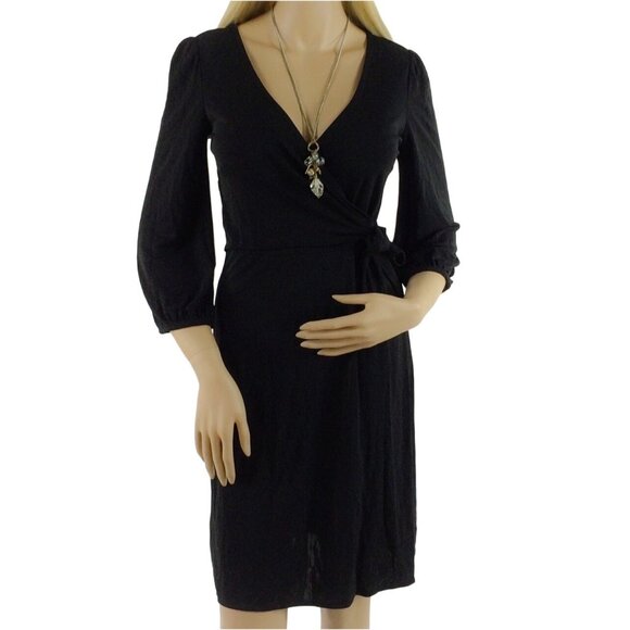Vintage 90s Ann Taylor Black 3/4 Sleeve V-Neck Wrap Office Siren Corpcore Dress - Picture 9 of 10